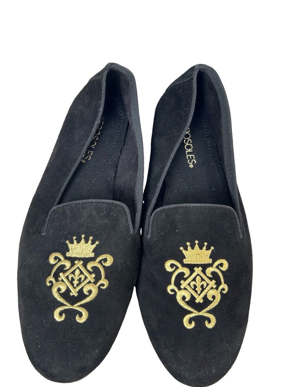 Aerosoles Women's Black Suede Betunia Flat loafer Embroidered Crest Shoe SZ 8
